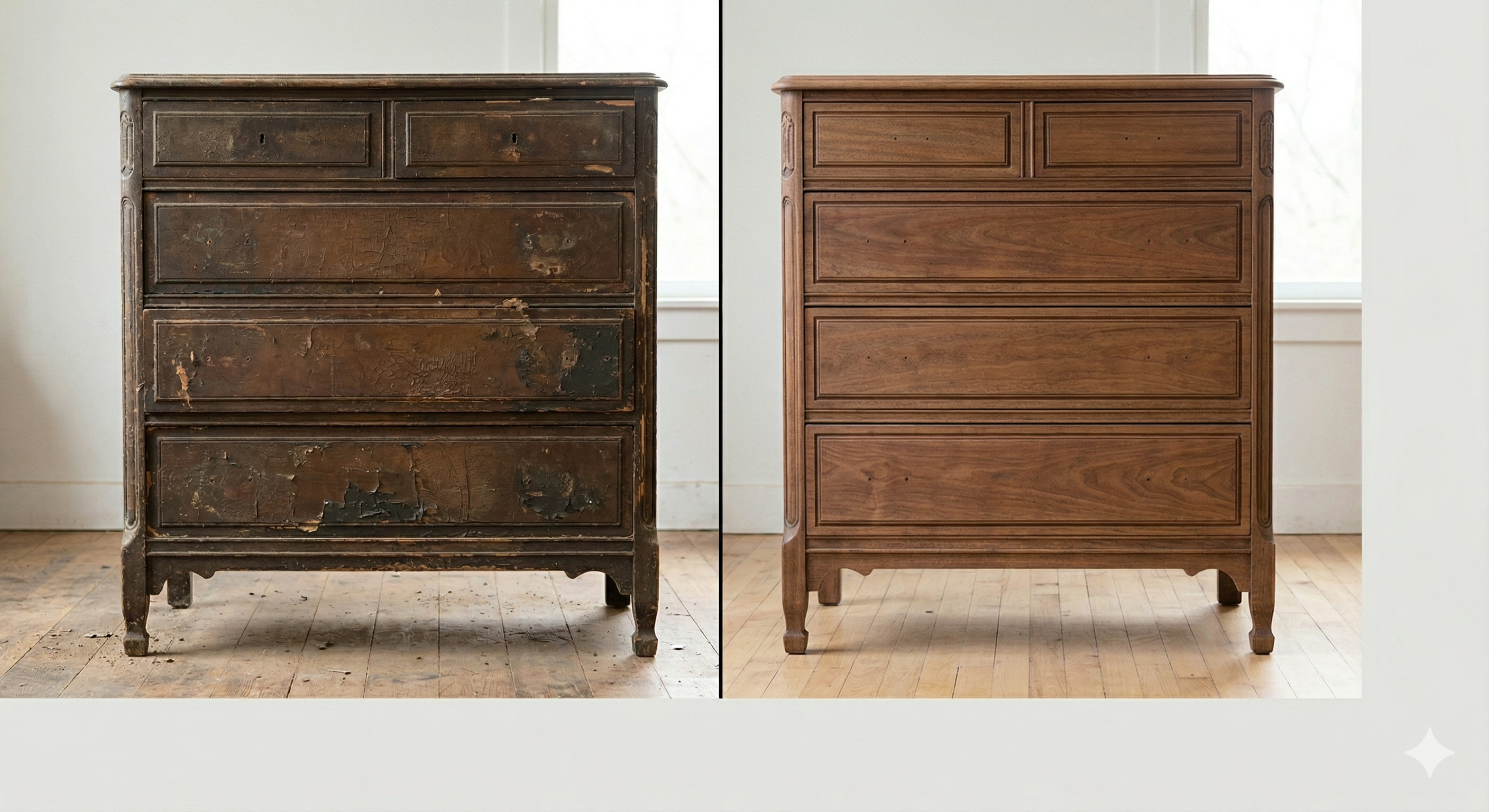 Antique dresser before and after — painted and damaged left, natural wood finish restored right