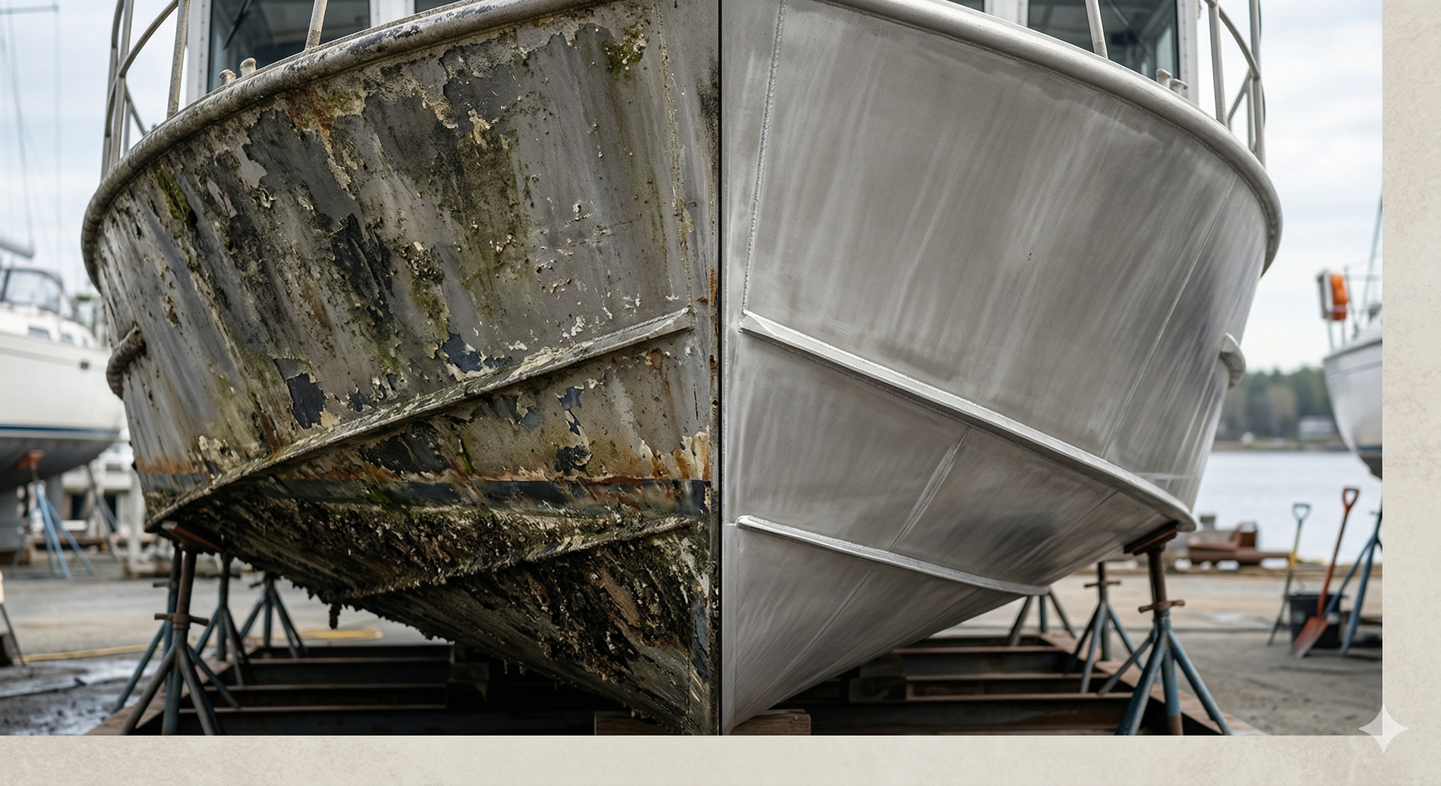 Boat hull mid-cleaning — left side fouled with paint and marine growth, right side clean bare metal after laser treatment