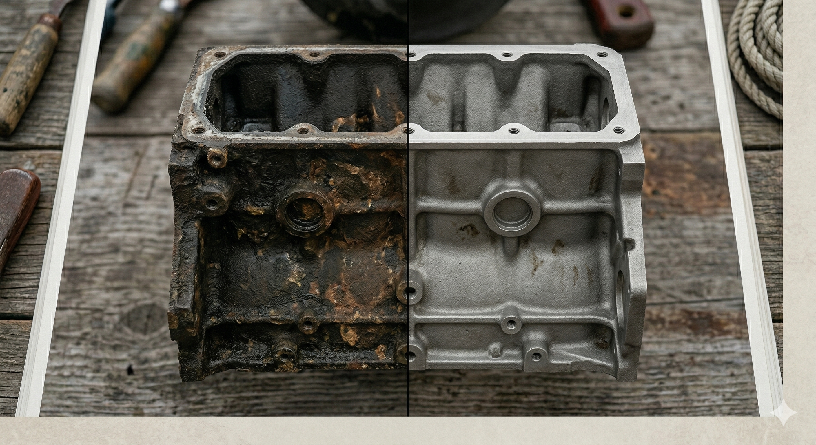Engine block before and after laser rust removal — heavily corroded left, clean bare metal right