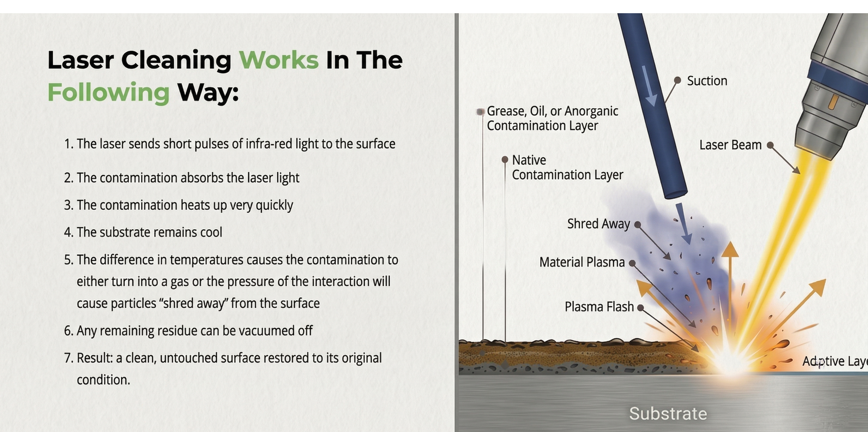 How laser cleaning works — diagram showing laser beam ablating surface contaminants while leaving the substrate intact