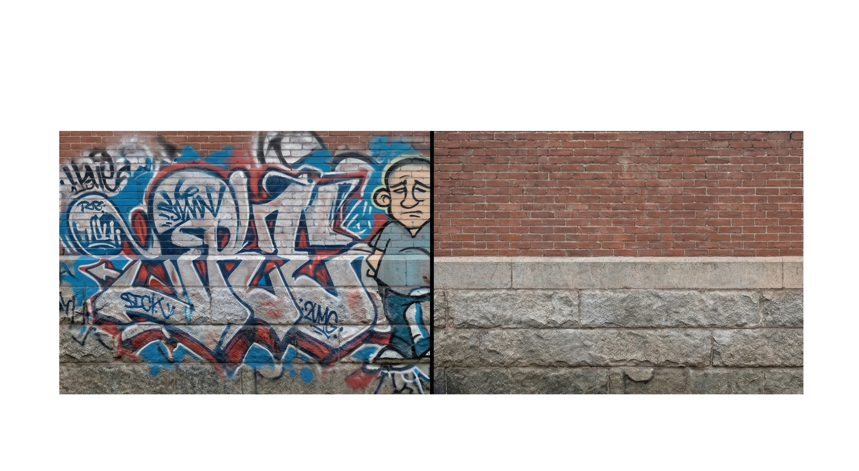 Brick wall before and after laser graffiti removal — tagged left, clean original brick right
