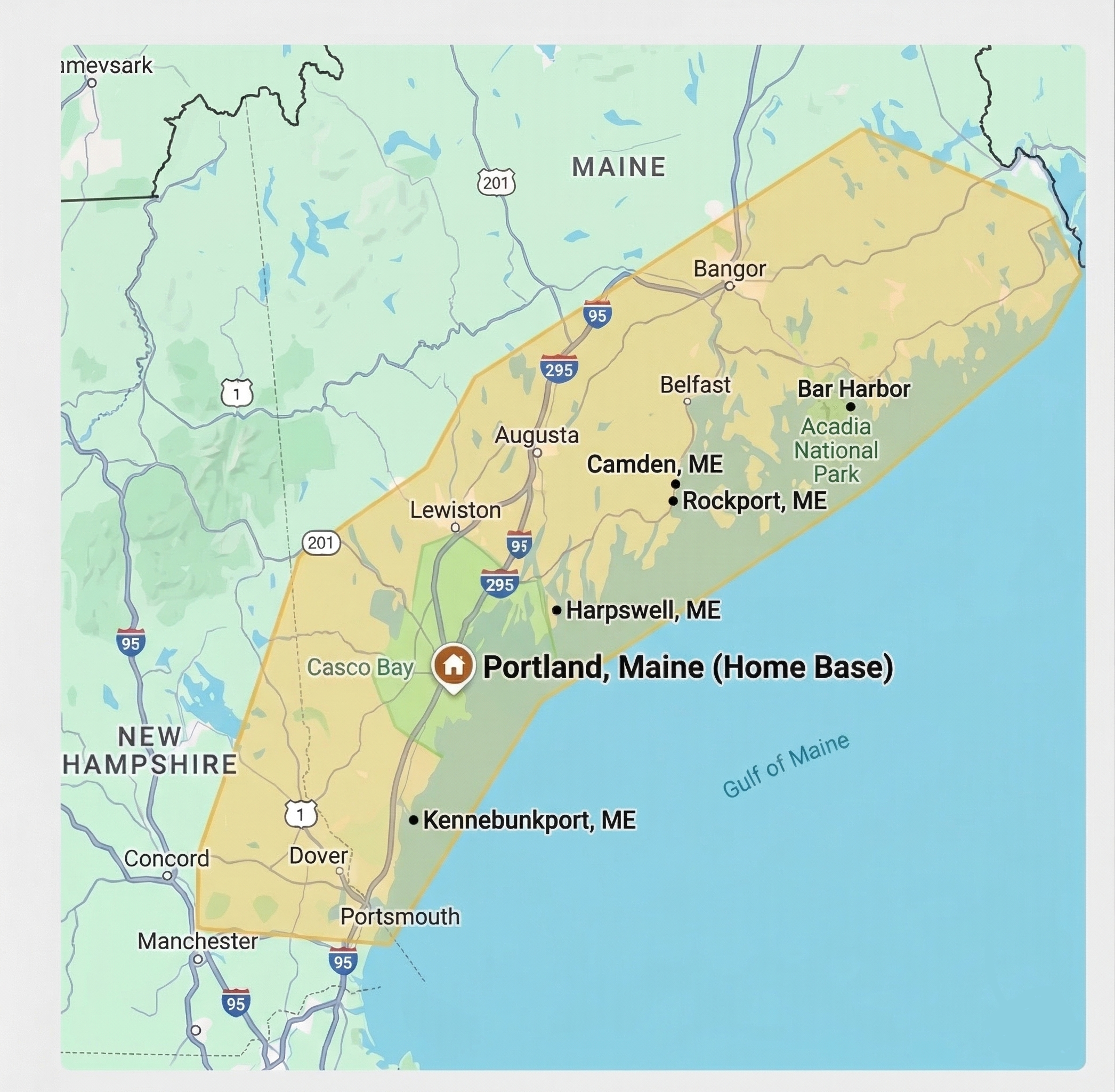 Map showing Red Claw Laser service area — Portland Maine home base with coverage across Mid-coast, Downeast Maine, and New Hampshire