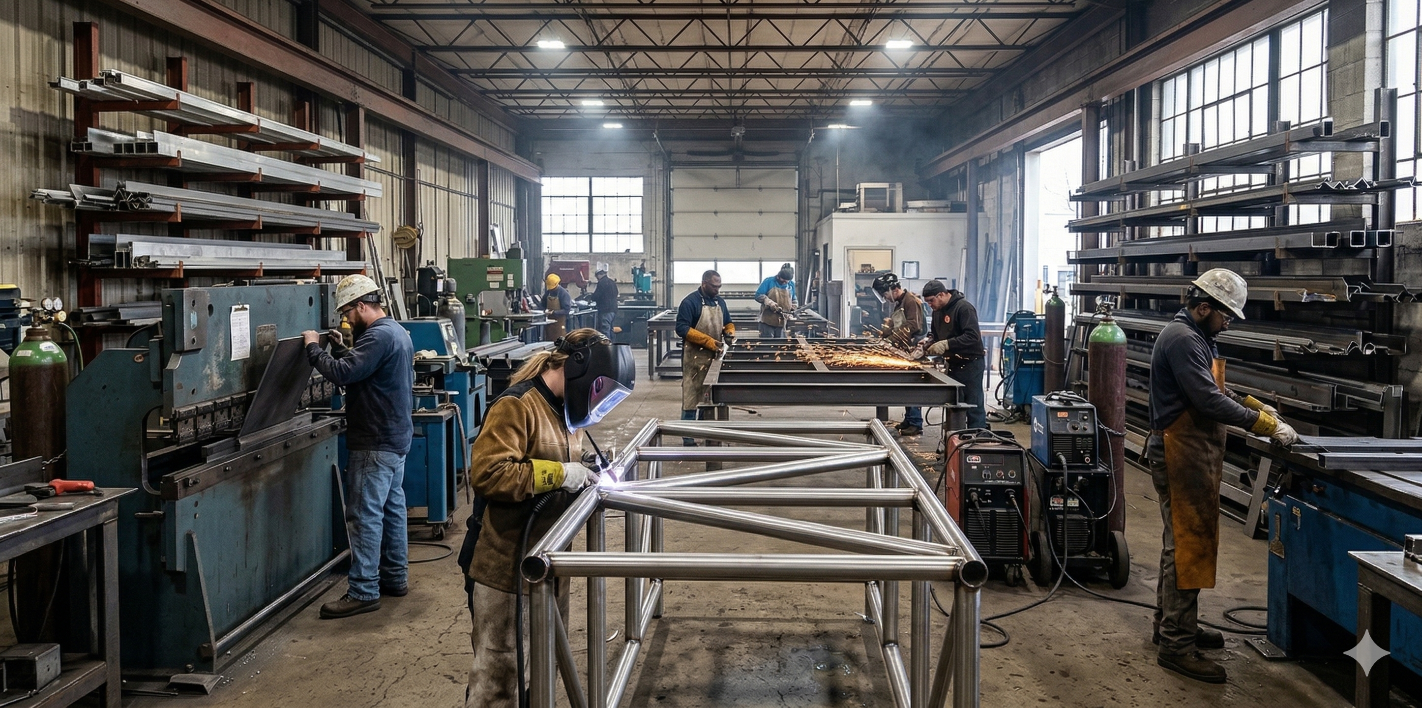 Metal fabrication shop — welders working with steel framing, the kind of operation Red Claw Laser serves for pre-weld cleaning and rust removal