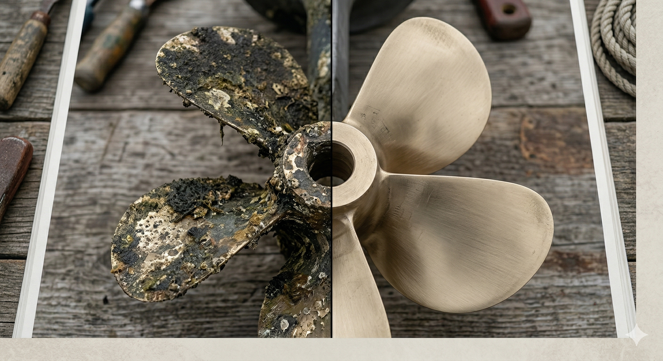 Propeller before and after — corroded and barnacled left, clean brass right