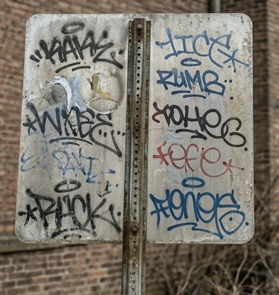 Metal sign covered in graffiti tags — before laser cleaning
