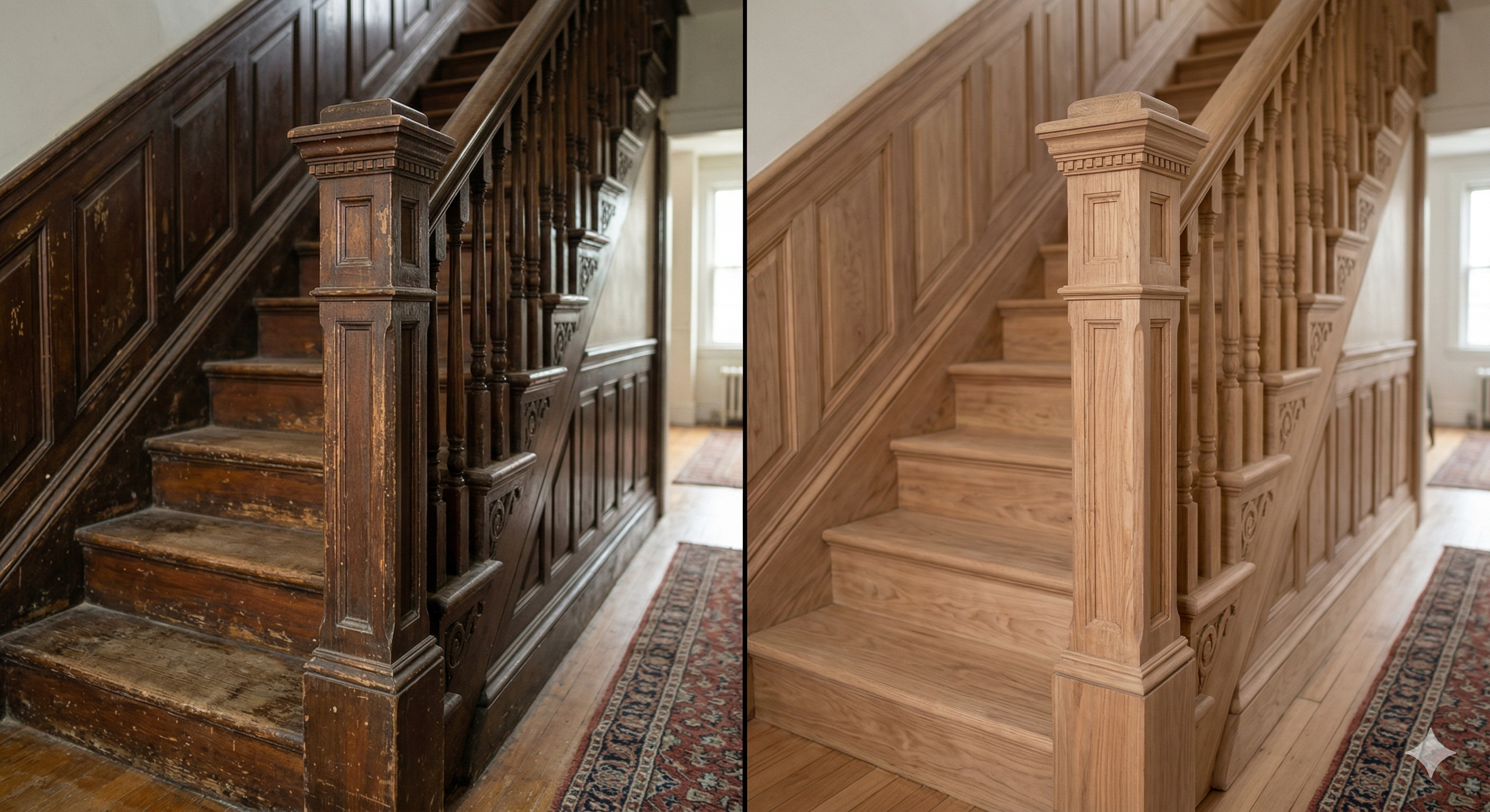 Historic staircase before and after — dark, worn original wood restored to bright natural finish