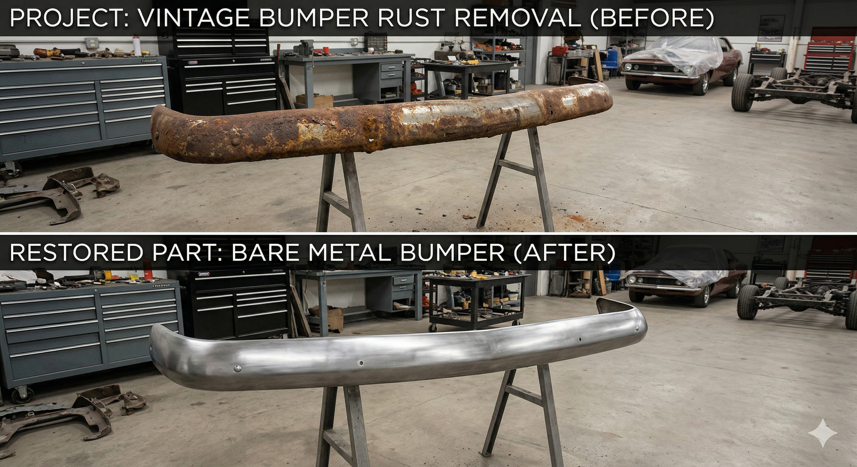 Vintage car bumper before and after — heavily rusted to clean bare metal
