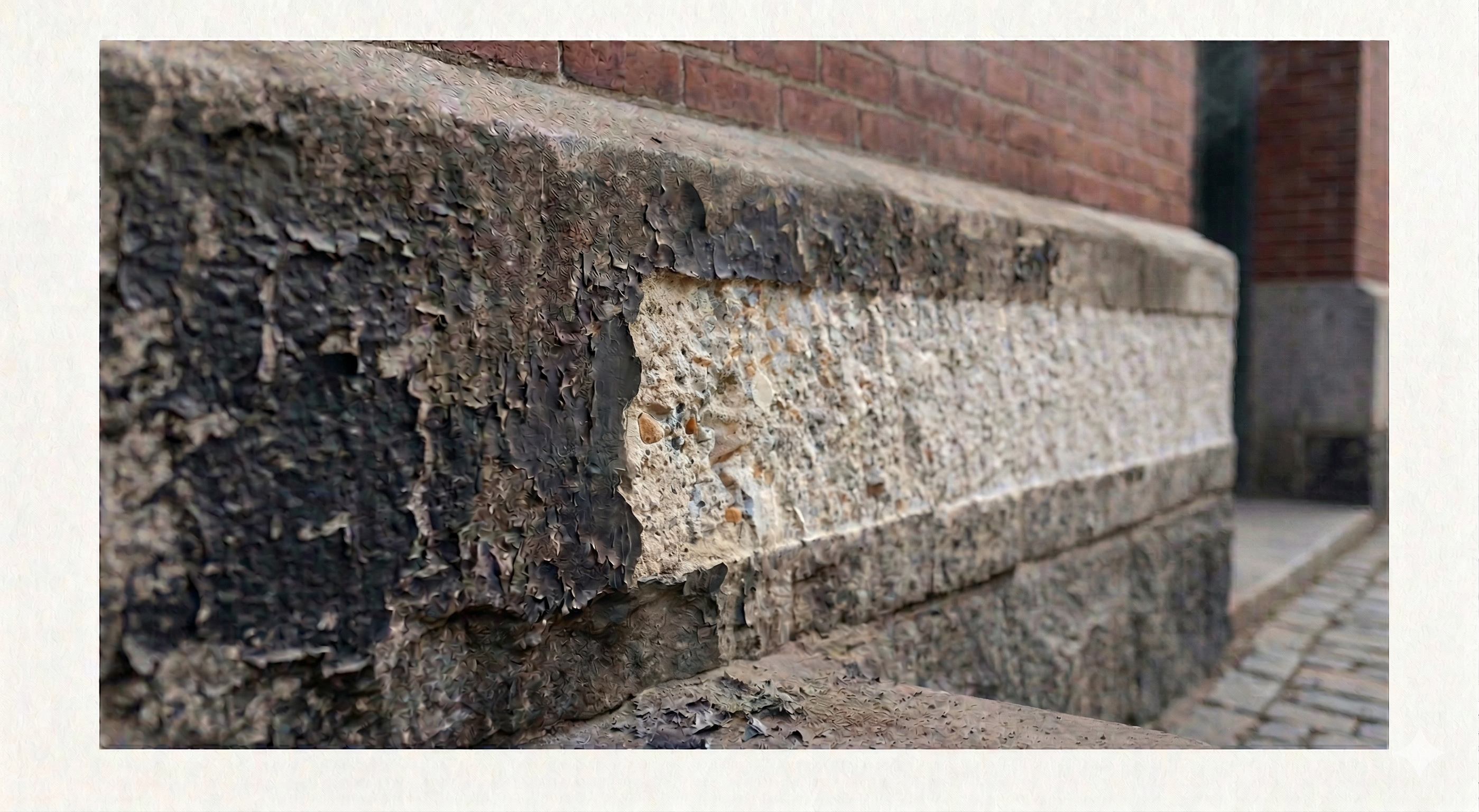 Granite masonry mid-stripping — paint being laser-removed from historic stone surface