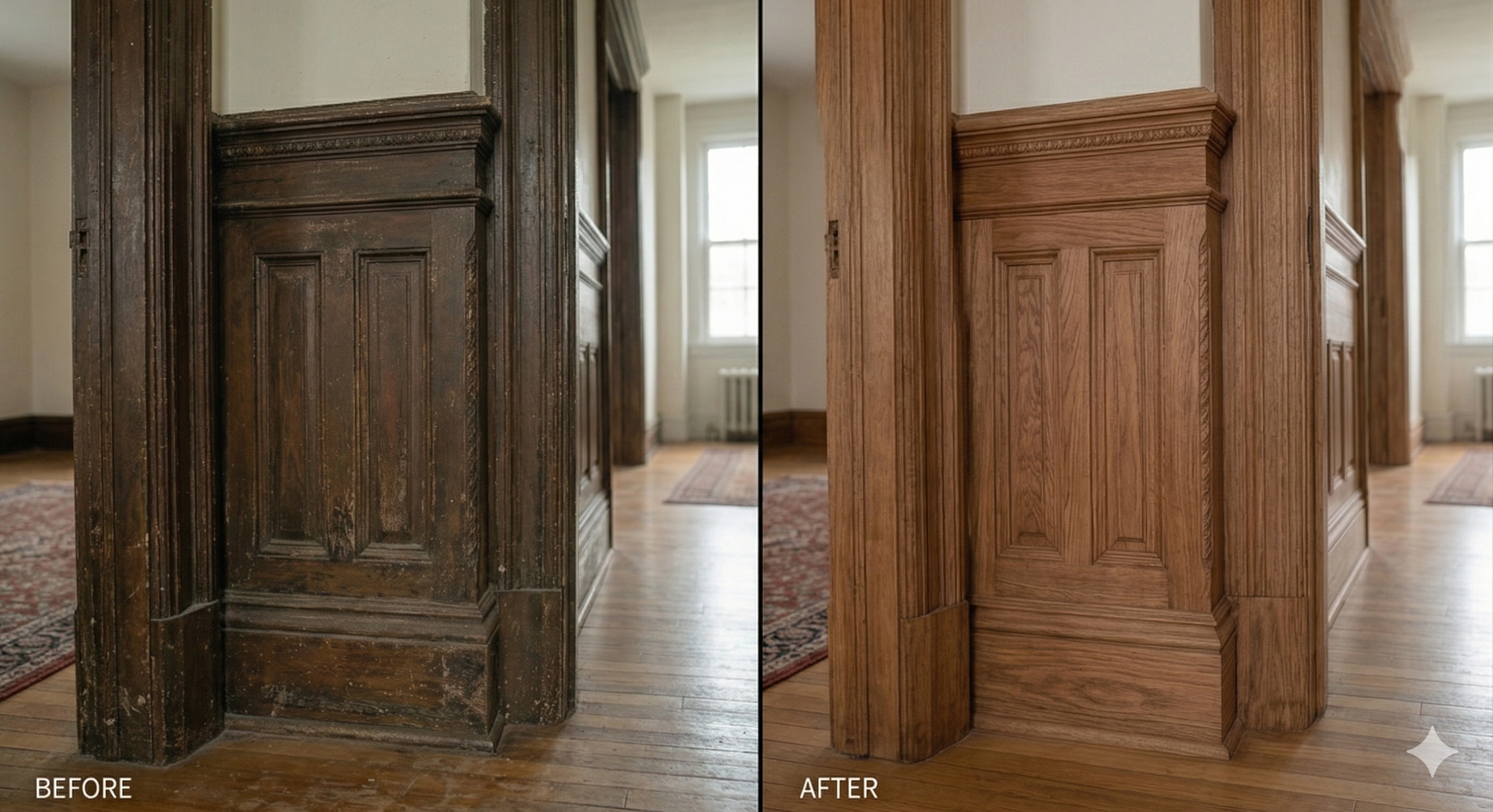 Historic wood paneling and millwork before and after — dark, aged original restored to natural grain